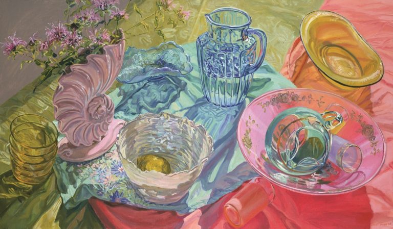 Still life with glass containers and cloths